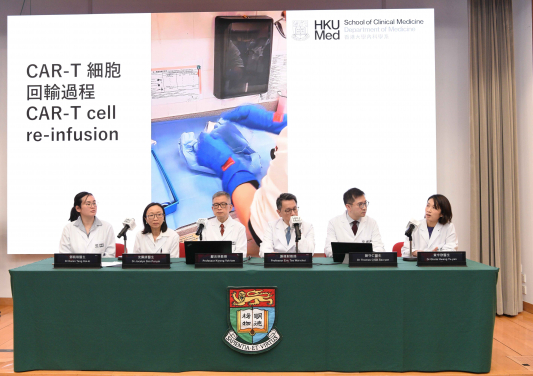 港大醫學院率先採用CAR-T細胞成功醫治多發性骨髓瘤患者，為本港首例。（圖左起）鄧凱琪醫生、沈佩妍醫生、鄺沃林教授、謝偉財教授、陳守仁醫生和黃宇欣醫生。
 
